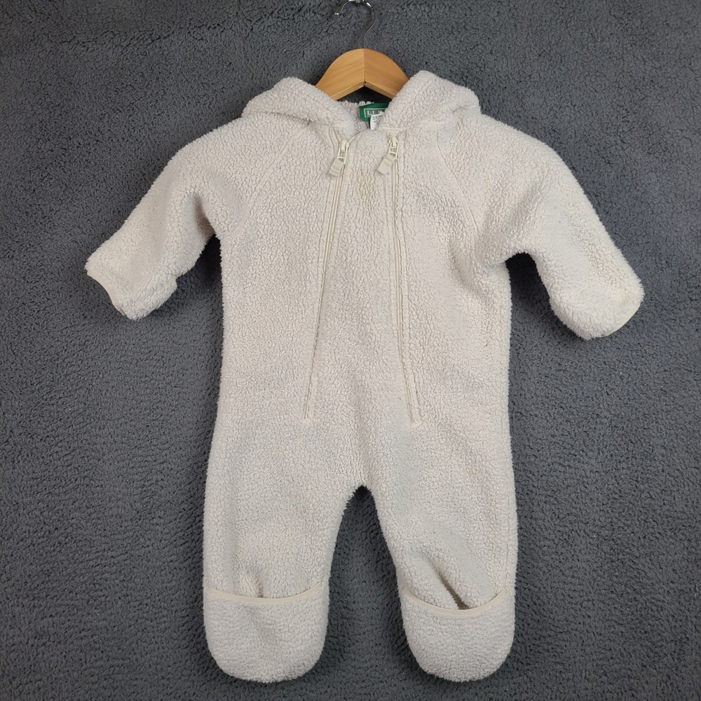 LL Bean Hi-Pile Fleece Overalls Bunting Cream Hooded Bear Ears 6-12M 244704